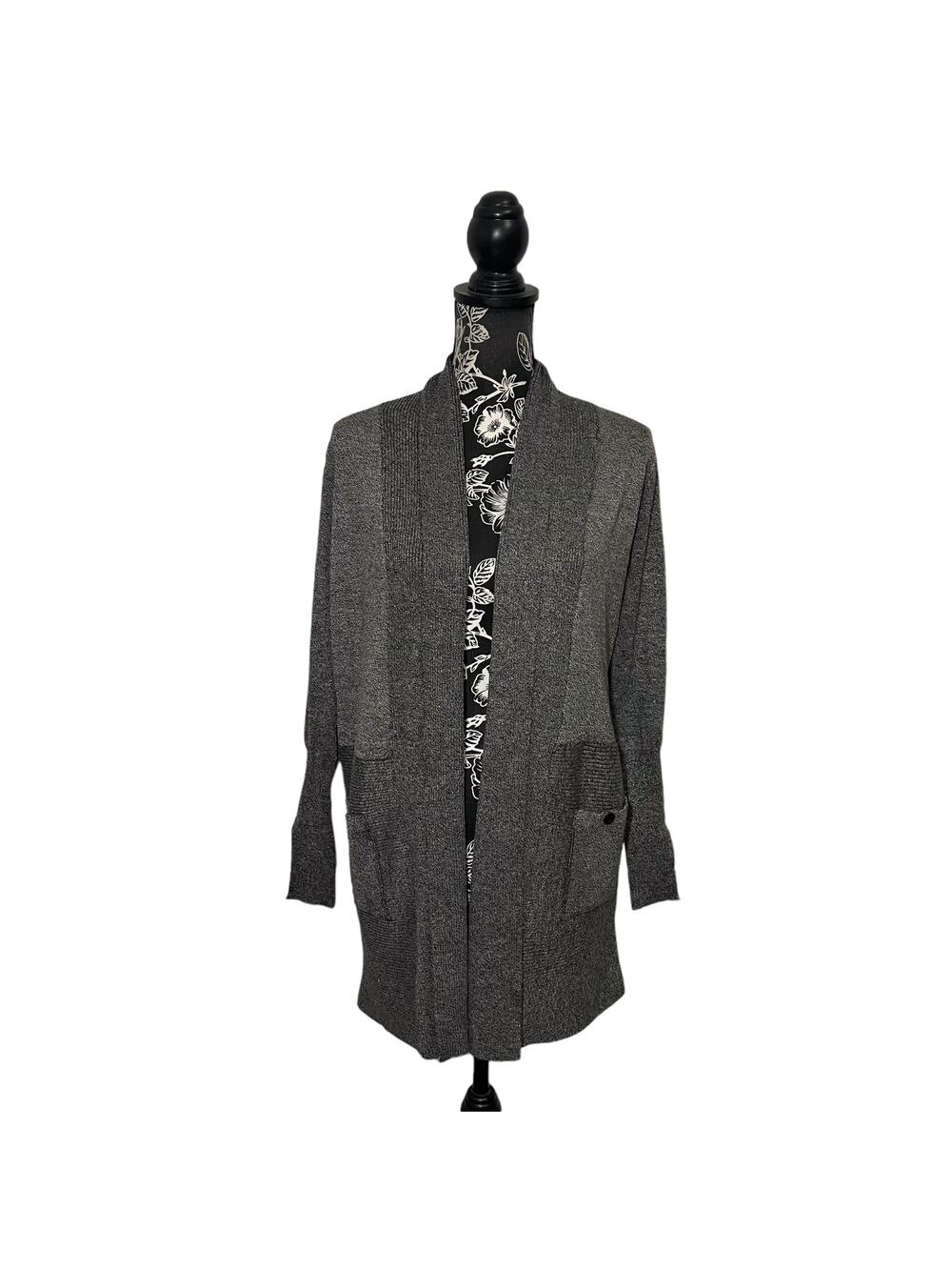 M Magaschoni Long Open Front Cardigan Shawl Collar Gray Pockets Layering Small